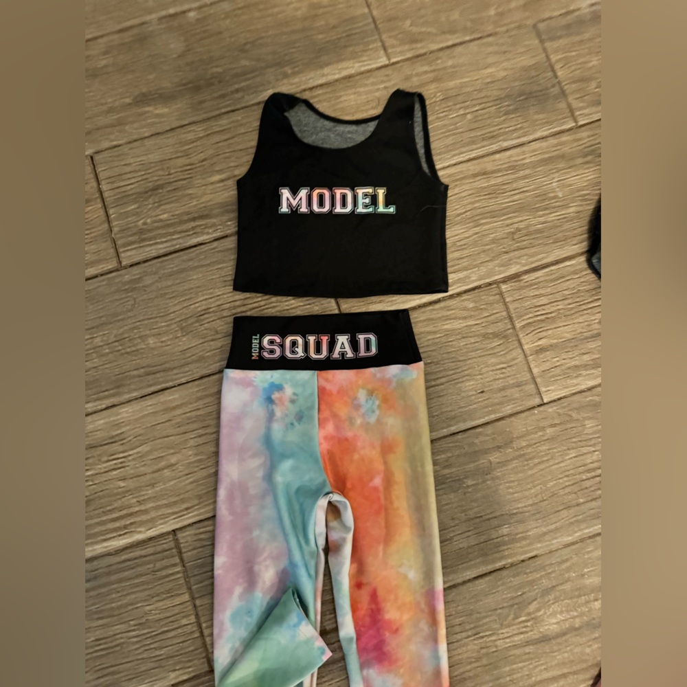 Sugarlulu girl medium athletic, gymnastics, cheer dance set. MODEL SQUAD TIE DYE